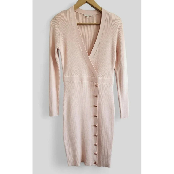GUESS knit Dress Women's Medium Pink Body Con Rose Gold Buttons - Picture 1 of 8